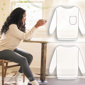 Выкройка женского свитшота с вязаным узором и накладным карманом.