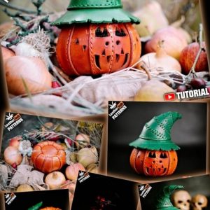 Выкройка кожаной фигурки тыквы в шляпе для Хэллоуина.