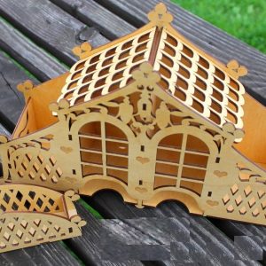 Макет резного чайного домика для лазерной резки с декоративными узорами и элегантным дизайном.