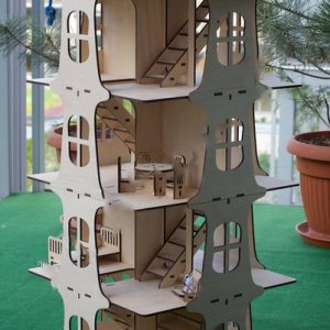 Макет лазерной резки для модели пятиэтажного дома с детализированным дизайном фасадов