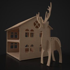 Макет кукольного дома для лазерной резки с декоративным элементом в виде оленя