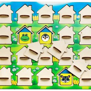 Макет для лазерной резки домика-развивашки с игровыми элементами и разноцветными вставками для обучения и развлечения детей.