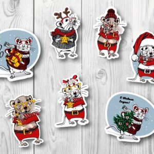 Макет лазерной резки для новогодних магнитов с изображением забавных мышей